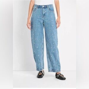 Future Collective - Women's Mid-Rise Studded Barrel Leg Jeans Blue Size 10